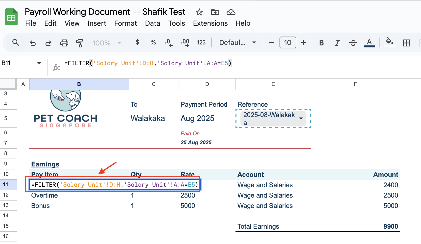 formula for earnings section
